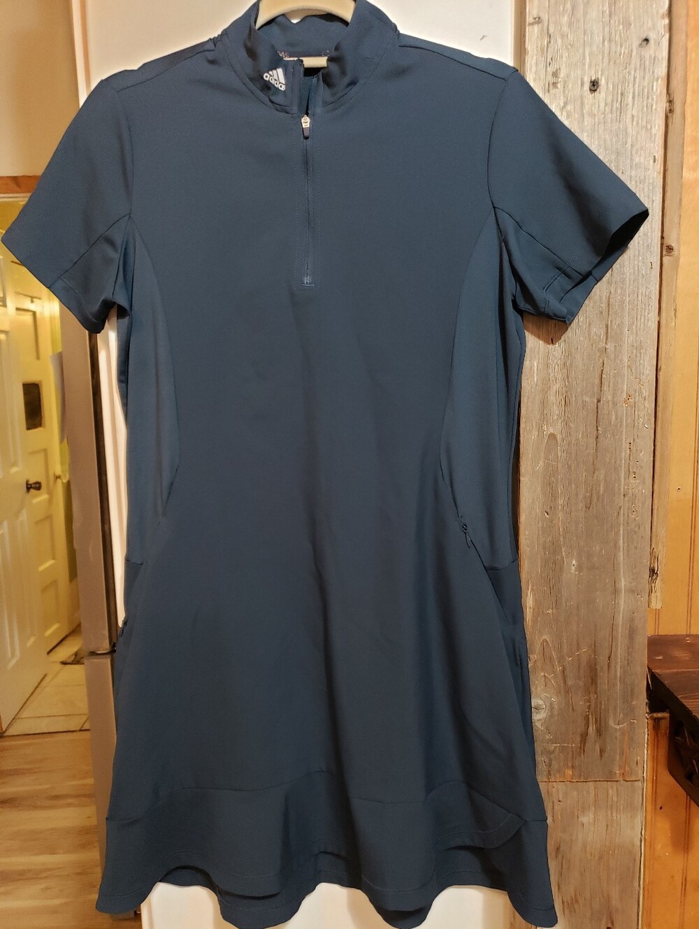 Adidas Women Med Quarter Zip Frill Golf Dress Short Sleeve Navy Blue Zippockets